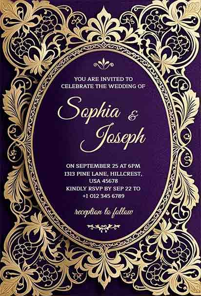 Elegant Purple Gold Luxury Wedding Invitation With Rich Regal Tones And Sophisticated Decorative Accents