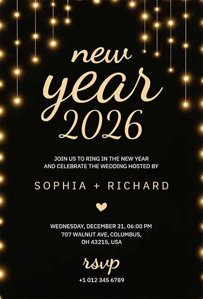 Elegant String Light New Year’s Eve Wedding Invitation With Romantic Festive Ambiance