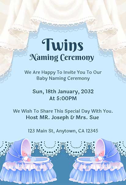 Elegant Twins Naming Ceremony Invitation With Soft Pastel Elements And Balanced Dual-Themed Decorative Details