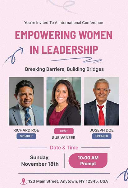 Empowering Women Leadership Conference Invitation With Bold Professional Layout And Inspiring Feminine Design Elements