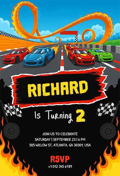 Extreme Loop The Loop Racing Adventure Hot Wheels Birthday Invitation With Bright Colors And Thrilling Stunt Theme