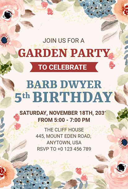 Floral Garden Birthday Party Invitation With Colorful Blossoms And Elegant Pastel Accents