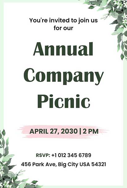 Fresh Botanical Company Picnic Invitation With Greenery Accents And Relaxed Outdoor Celebration Theme