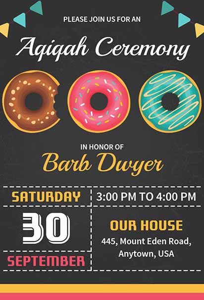 Fun Doughnut Aqiqah Ceremony Invitation With Colorful Sprinkles And Playful Sweets Theme