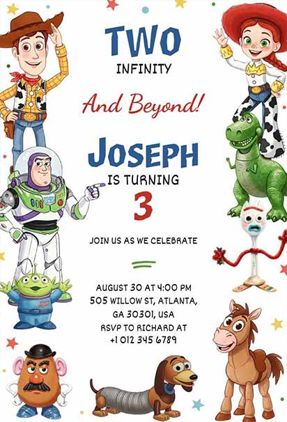 Fun Toy Story–Themed Birthday Celebration Invite With Bright Colors And Playful Character Artwork