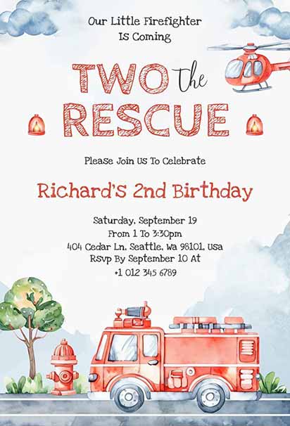 Gentle Watercolor Little Fire Truck Birthday Invitation With Soft Painted Elements And Charming Rescue-Themed Details