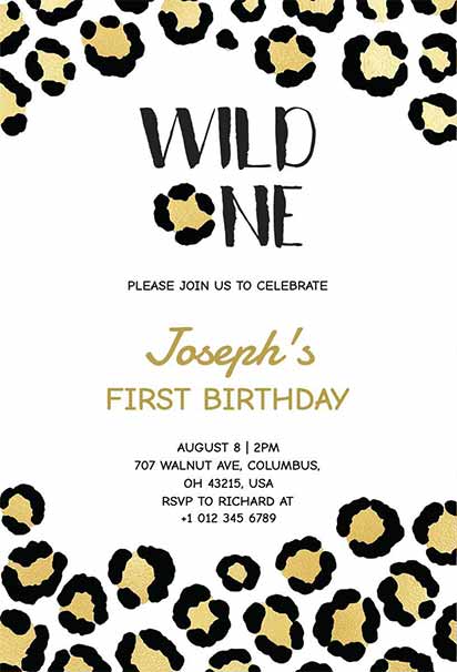 Gold Leopard Print Wild One Birthday Invitation With Bold Patterns And Glamorous Safari-Inspired Style