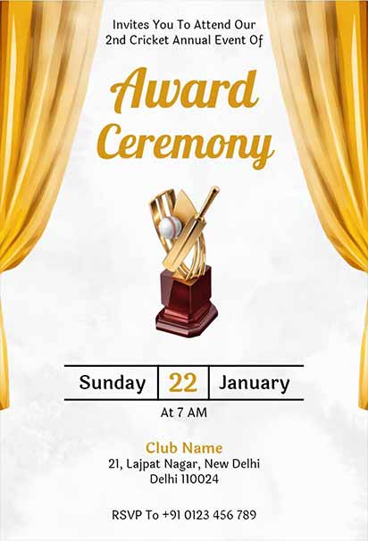Golden Cricket Award Ceremony Invitation With Shiny Trophy Motif And Bold Sporty Theme