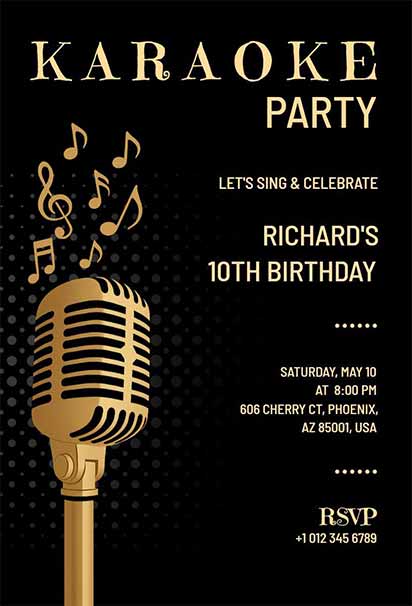 Golden Karaoke Party Celebration Invitation With Shimmering Lights And Festive Singing Theme