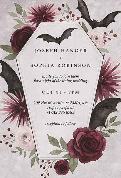 Gothic Coffin Halloween Wedding Invitation With Dark Spooky Elements And Bold Vintage Horror Aesthetics