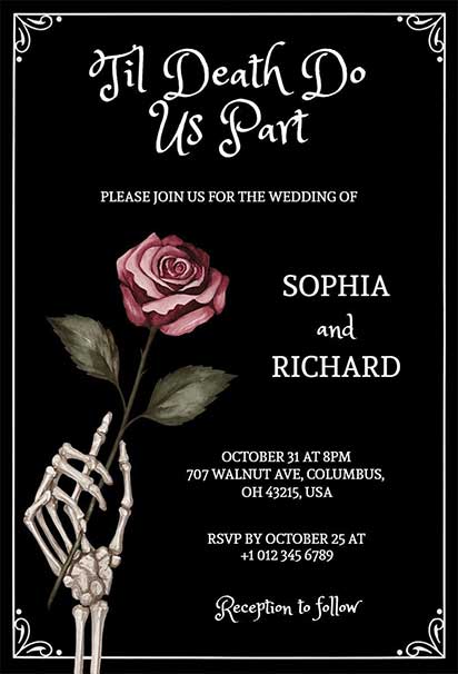 Gothic Skeleton Rose Wedding Invitation With Dark Romantic Aesthetics And Intricate Floral Skull Artwork
