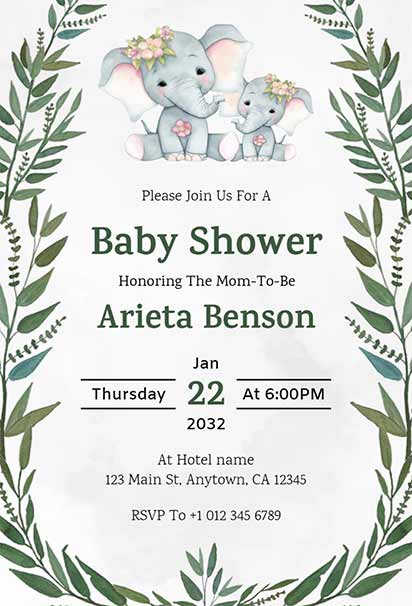 Green Botanical Elephant Baby Shower Design With Soft Leaves And A Cute Baby Elephant Illustration
