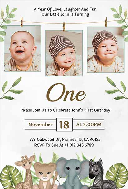 Green leaf–themed wild one birthday invitation with a baby photo frame, soft foliage accents, and a fresh nature-inspired design for first birthdays.