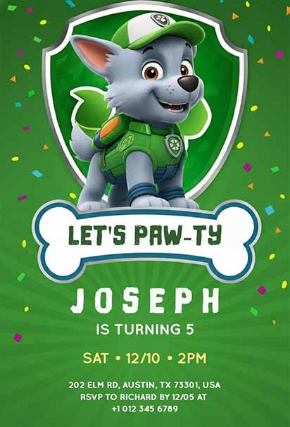 Green Paw Patrol Eco-Themed Birthday Invite Featuring Nature Motifs And Character Accents