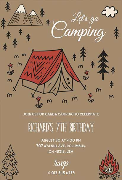 Hand-Drawn Camping Adventure Birthday Design With Sketchy Tents, Trees, And Outdoor Elements