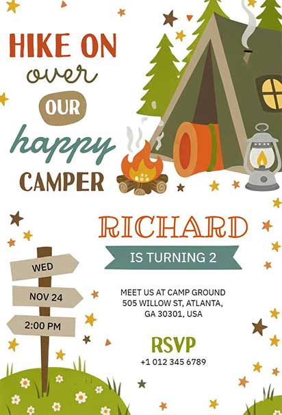 Happy Camper Birthday Design With Cheerful Camping Icons, Trees, And Outdoor Adventure Details
