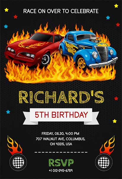 High Octane Racing Hot Wheels Birthday Invitation With Fiery Colors And Speed-Themed Design