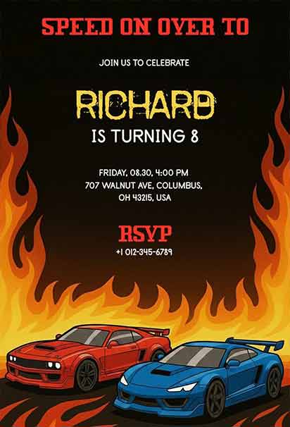 Inferno Racing Showdown Hot Wheels Birthday Invitation With Fiery Graphics And Intense Speed Theme
