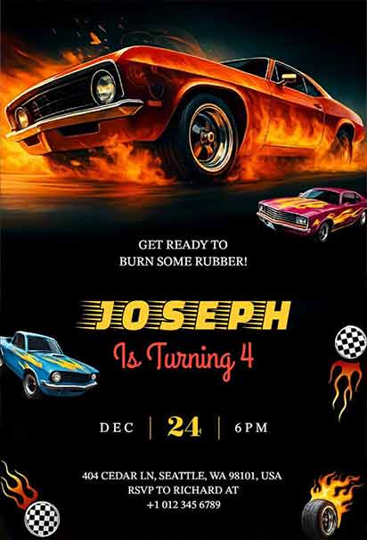 Intense Burnout Muscle Car Showdown Hot Wheels Birthday Invitation With Dynamic Flames And Power-Packed Racing Energy