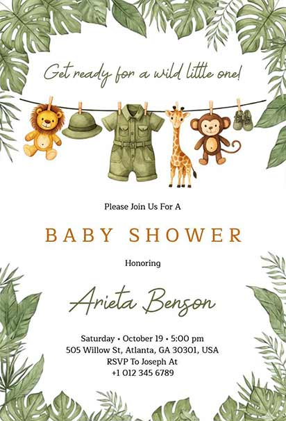 Jungle Safari Clothesline Baby Shower Design With Hanging Baby Outfits And Playful Wild Animals