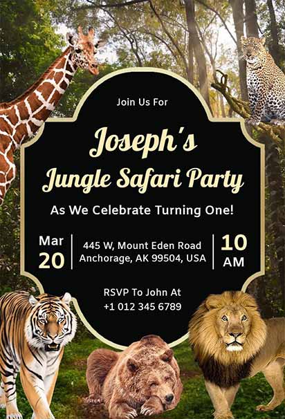 Jungle safari–themed wild one birthday party invitation featuring cute animals, tropical leaves, and an adventurous layout for a first birthday celebration.