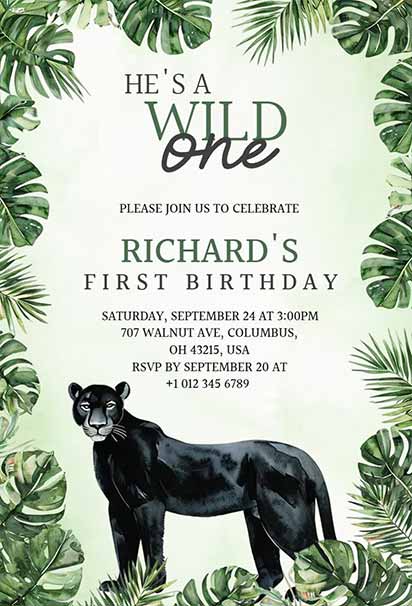 Jungle safari wild first birthday invitation with cute animals, green foliage, and a playful adventure theme.