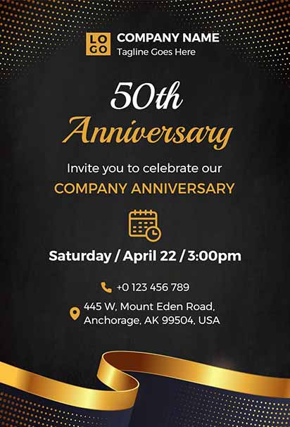 Luxurious Golden Company Anniversary Celebration Invitation With Opulent Design And Elegant Festive Theme