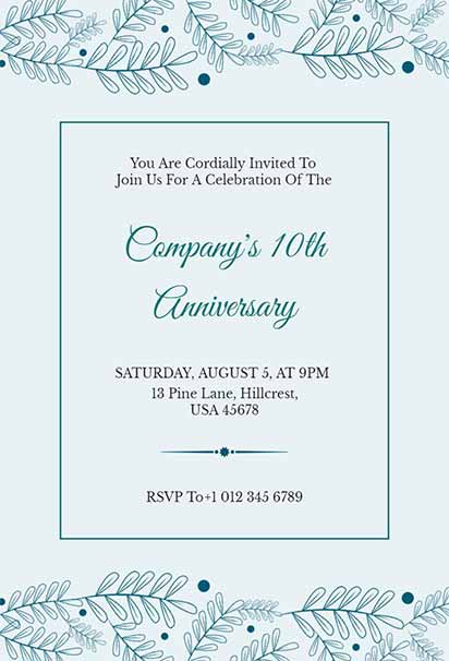 Minimal Blue Leaf Company 10th Anniversary Invitation With Clean Design And Subtle Botanical Accents
