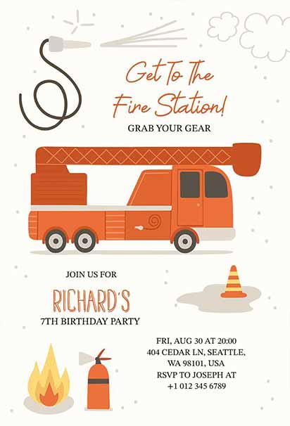 Minimal Orange Fire Truck Theme Birthday Invitation With Clean Layout And Bright Rescue-Inspired Graphic Elements