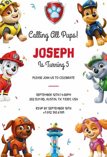 Minimal Paw Patrol Birthday Invite Featuring Clean Layout and Playful Character Corners