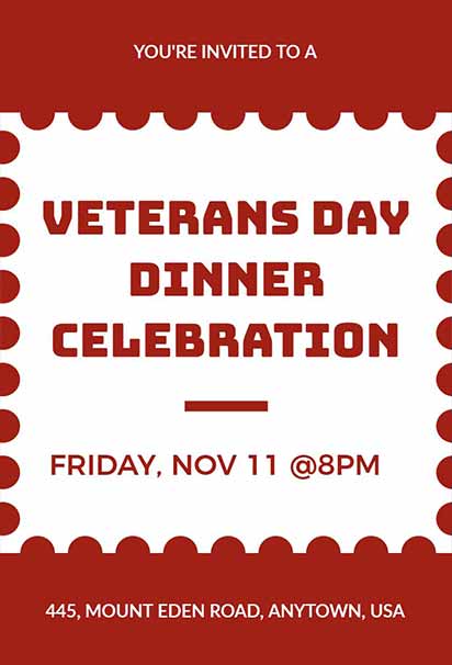 Minimal Red And White Veterans Day Dinner Invitation With Clean Design And Patriotic Touch