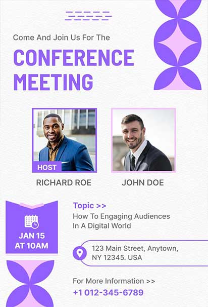 Modern Purple-Themed Conference Meeting Invitation With Sleek Gradients And Professional Corporate Design Elements