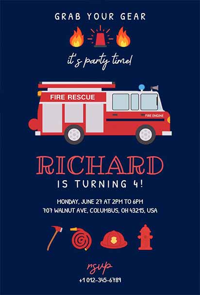 Navy Blue Fire Rescue Fire Truck Birthday Party Invitation With Bold Red Accents And Dynamic Emergency-Themed Graphics