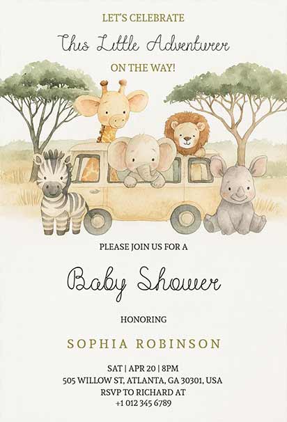 Neutral Safari Adventure Baby Shower Celebration Design With Soft-Toned Animals And Minimal Jungle Elements
