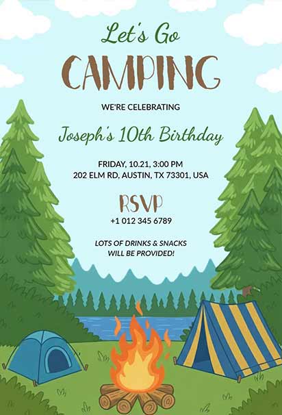 Outdoor Adventure Camping Birthday Celebration Design With Tents, Mountains, And Nature-Themed Elements