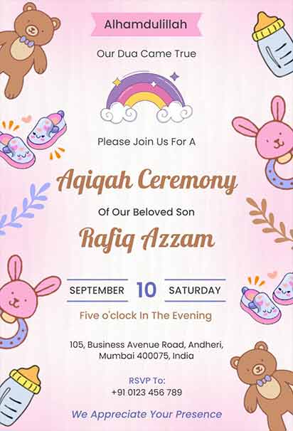 Pastel Baby Aqiqah Invitation With Soft Illustrations And Gentle Light-Toned Elements
