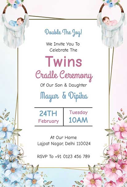 Pastel Floral Twins Cradle Ceremony Invitation With Soft Delicate Flowers And Sweet Dual-Themed Design