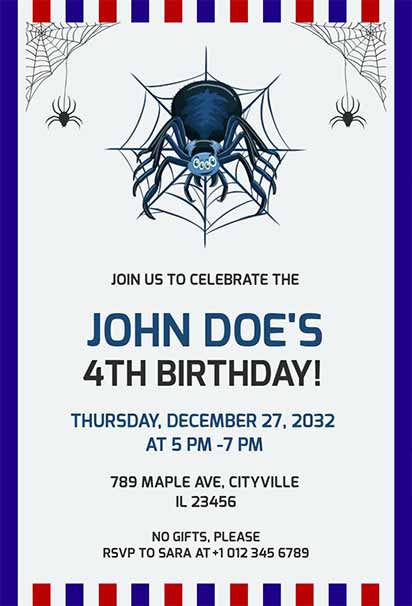 Patriotic Spiderman Birthday Invitation With Red, White, And Blue Design And Heroic Celebration Theme