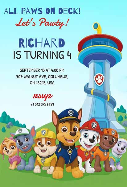 Paw Patrol Birthday Adventure Invitation With Bold Colors And Energetic Character Layout