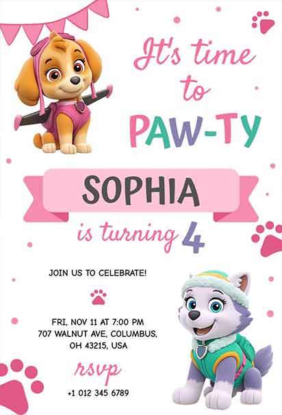 Paw Patrol Pink Birthday Party Invitation With Soft Pastel Tones And Cute Character Highlights