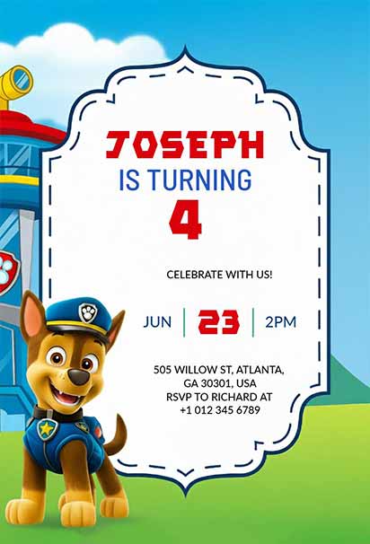 Paw Patrol Rescue-Themed Birthday Invite With Dynamic Characters And Vibrant Adventure Elements