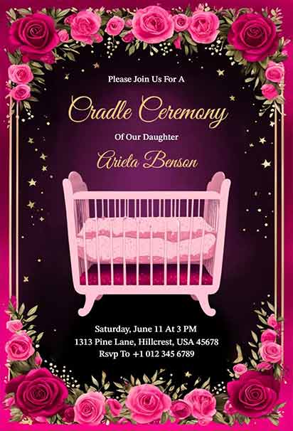 Pink Floral Glam Cradle Ceremony Invitation With Soft Pastel Flowers And Elegant Shimmering Decorative Details