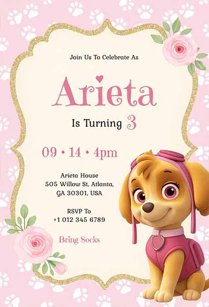 Pink Skye-Themed Paw Patrol Birthday Invitation With Cute Character Art And Soft Pastel Details