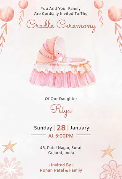 Pink Watercolor Baby Girl Cradle Ceremony Invitation With Soft Hand-Painted Elements And Gentle Pastel Details