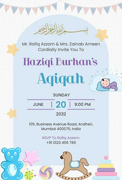 Playful Baby Boy Aqiqah Ceremony Invitation With Cute Illustrations And Light Blue Tones