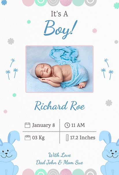Playful Blue-Themed Baby Boy Announcement With Cheerful Illustrations And Light, Soft Background Elements