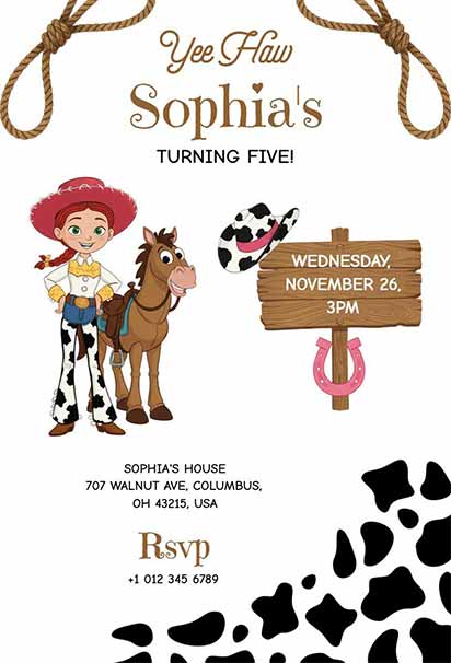 Playful Cowgirl Toy Story Birthday Invitation With Fun Western Elements And Cheerful Character Artwork