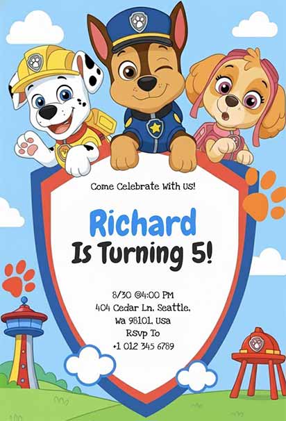 Playful Paw Patrol Birthday Invitation With Bright Colors And Fun Rescue Adventure Theme