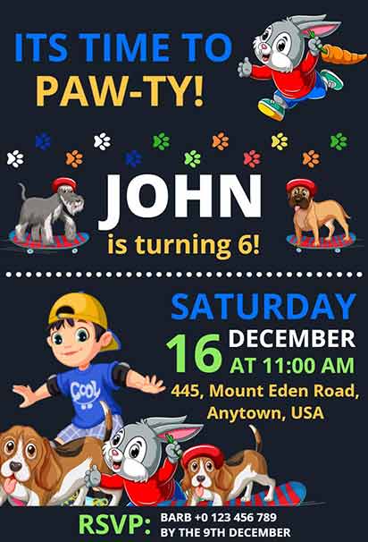 Playful Paw-Themed Kids Birthday Invitation With Bright Colors And Fun Cartoon Elements