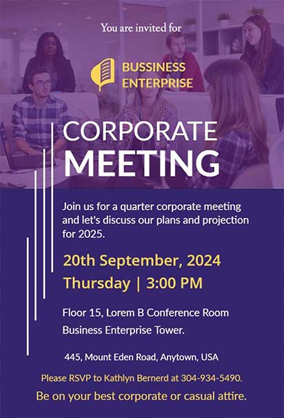 Purple And Gold Corporate Event Invitation With Elegant Design And Professional Celebration Theme